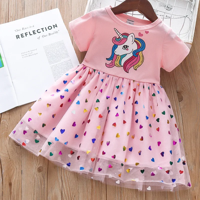 2024 Summer Baby Girls Cartoon Unicorn Dress Cotton Mesh Party Princess Dresses For 2-6 Years Children Kids Clothes