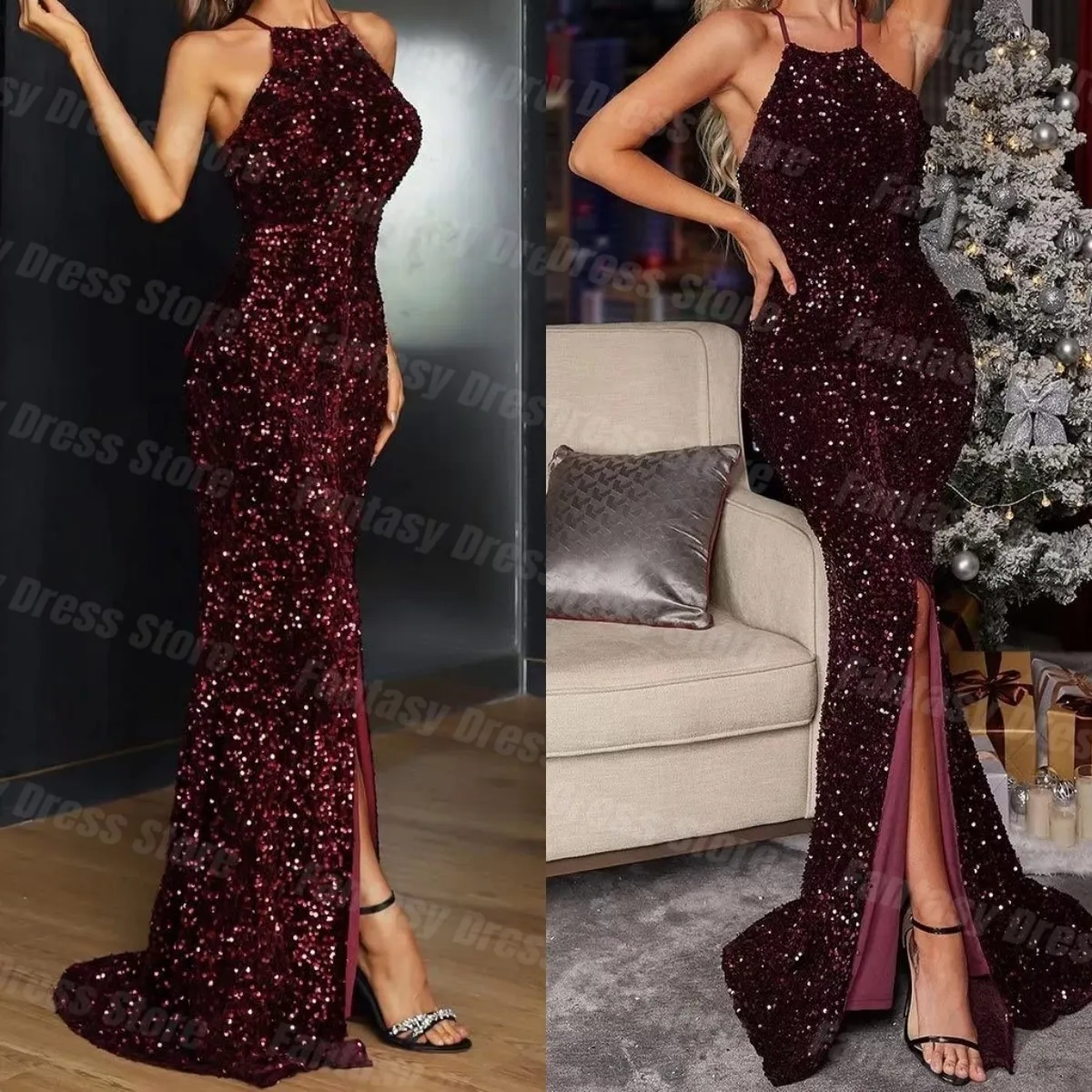 Sexy Dark Red Sequins Sleeveless Side Split Formal Evening Dress Side Split Open Back Hanging Neck Prom Dresses فساتين السهرة