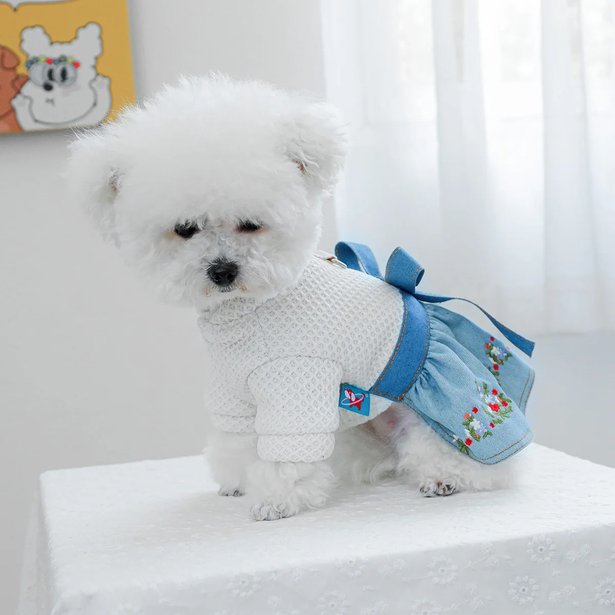 1PC pet clothing dog spring and autumn flower bow denim skirt is suitable for small and medium -sized dogs