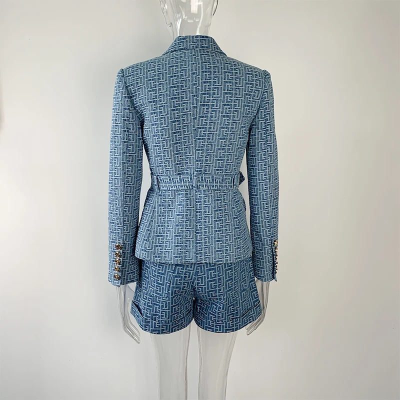 Women Clothing Matching 2 Pieces Sets Custom Luxury Geometric Pattern Washed Denim Jacquard Fabric Blue Belt Blazer Shorts Pants