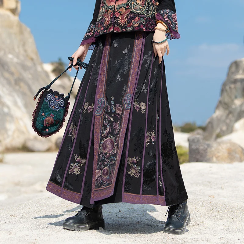 

Ретро этническая вышитая цветочная юбка с высокой талией, юбка трапециевидной формы средней длины для женщин осенью, новое поступление