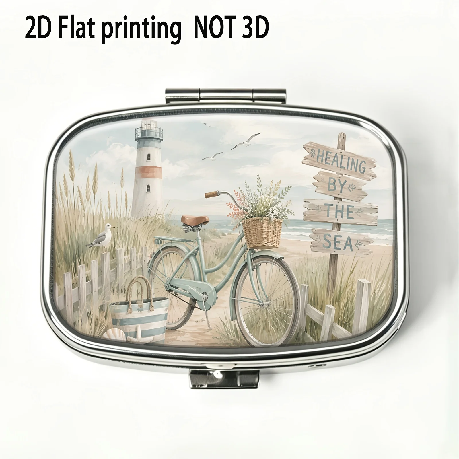 1Pc Flat Printing Pill Box, Beach Lighthouse Bicycle Road Sign Scenery Pattern Design, Fresh Pastoral Watercolor Style, Portable Metal Material, Lightweight and Convenient, Business Trip Carry, Exquisite and Convenient