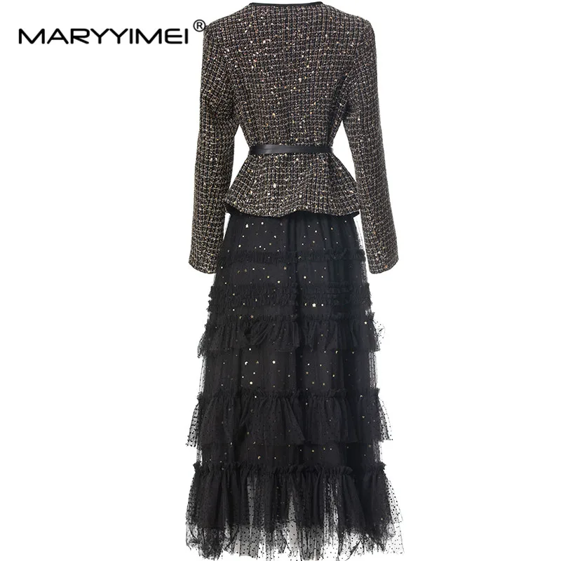 MARYYIMEI Fashion design Women\'s Suit Long-Sleeved Single-Breasted Tops+Flounced Edge Skirt Sequins 2 piece set With Belt