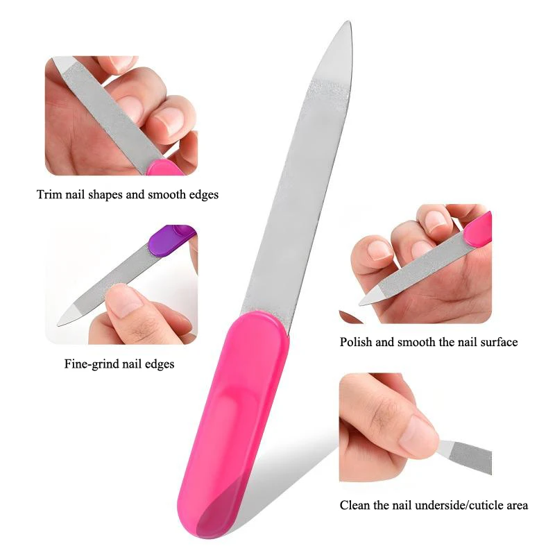 Manicure Stainless Steel Nail File, Double-Sided Dual-Use Nail File with Non-Slip Handle, Frosted Nail Polishing Strip