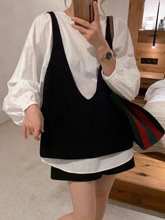 

Комплект из двух предметов: вязаный жилет и свободный топ с круглым вырезом, размер XL, для мужчин и женщин, ранняя осень, модный