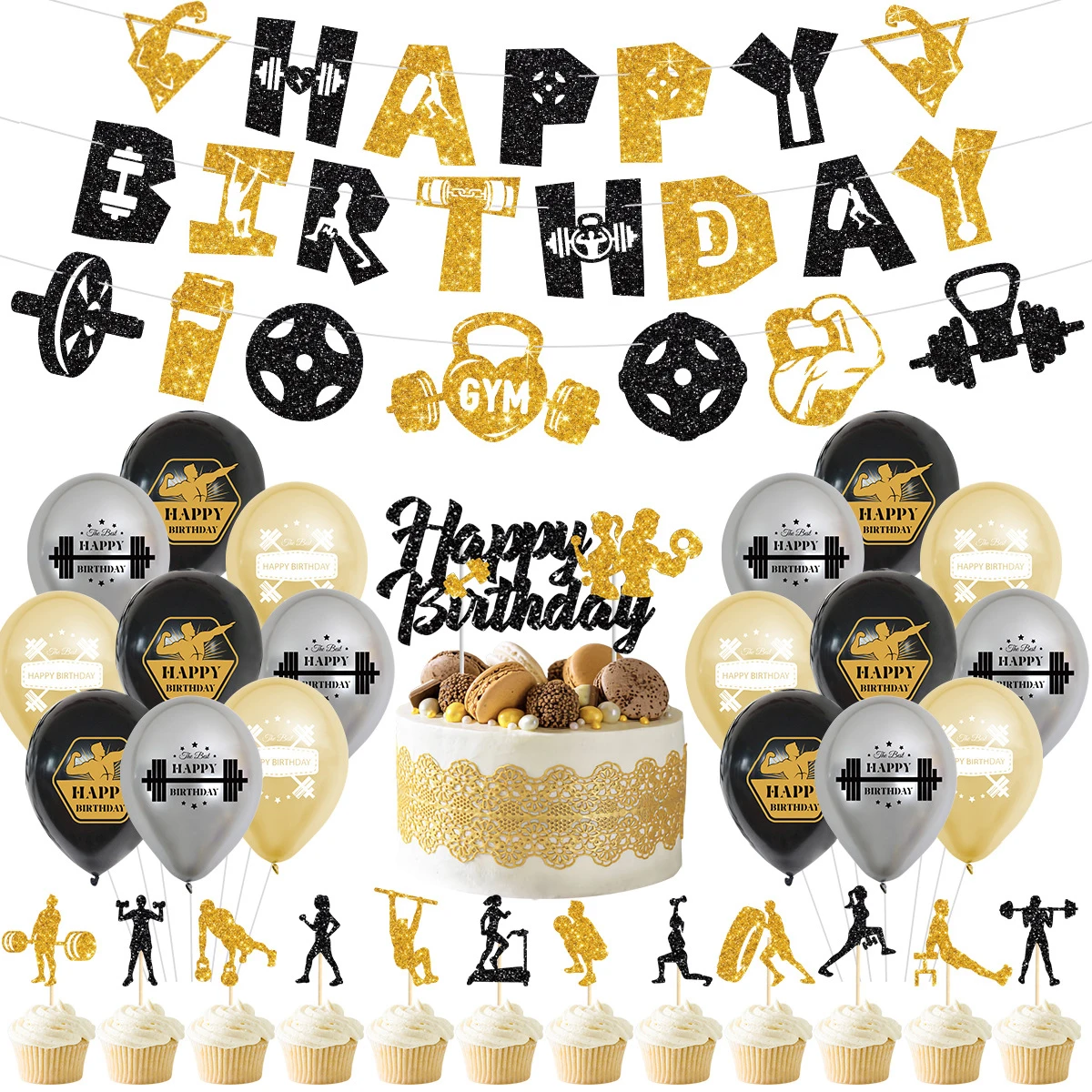 Cheereveal Gym Theme Birthday Party Decoration Balloons Set Happy Birthday Banner Cake Toppers Fitness Birthday Party Supplies