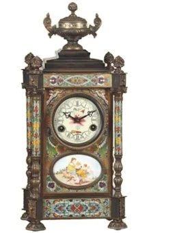 Solid Brass Vintage  Antique Gilt 19th  French Style 15 Days Mechanical Movement  Floral Blue Cloisonne Enamel Table/Desk Clock