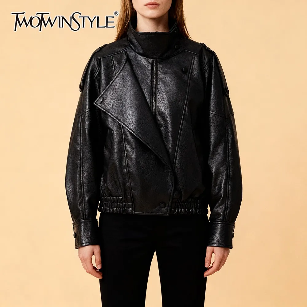 

TWOTWINSTYLE Black Moto Style Leather Jacket for Women Stand Collar Padded Shoulders Long Sleeve Street PU Short Jacket Female