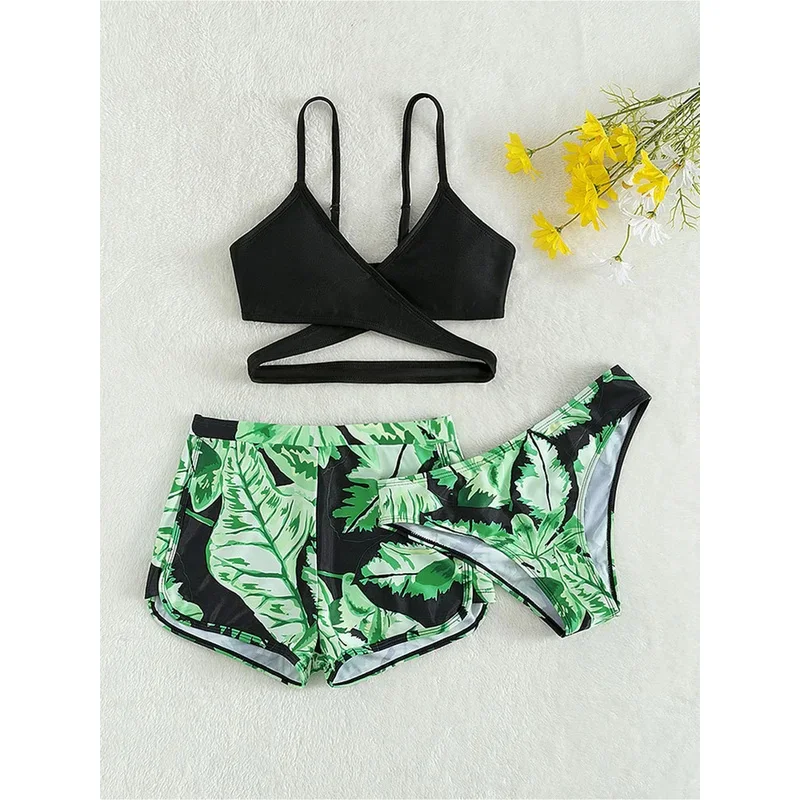 Kids Girls 3 Piece Bikini Swimsuits Tropical Print Swimwear Beachwear Sets Bathing Suit for Teenager Swimming Sunsuit Tankini