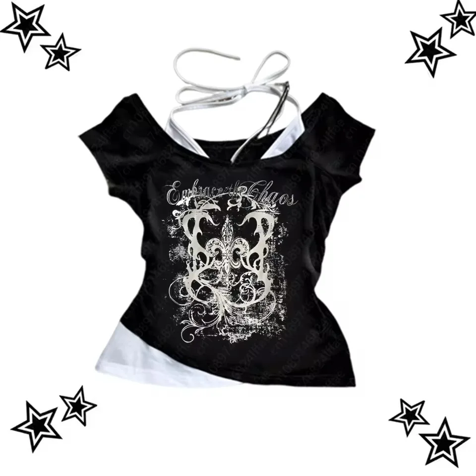 여성 90년대 빈티지 펑크 티셔츠 여름 streetwear 섹시한 반팔 고딕 슬림 크롭 탑 hotgirl 캐주얼 femme tee 하라주쿠 y2k