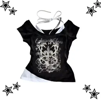 90年代復古龐克女款T卹 夏季街頭風 性感短袖哥德修身露臍上衣 辣妹休閒女用T卹 原宿Y2K 10 最佳銷售 千禧歌德 - №1