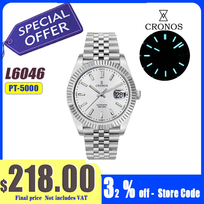 Cronos DateJ Luxury Men Watch Stainless Steel 5 Links Bracelet PT5000 Miyota 9015 100m Water Resistant Sapphire L6046M