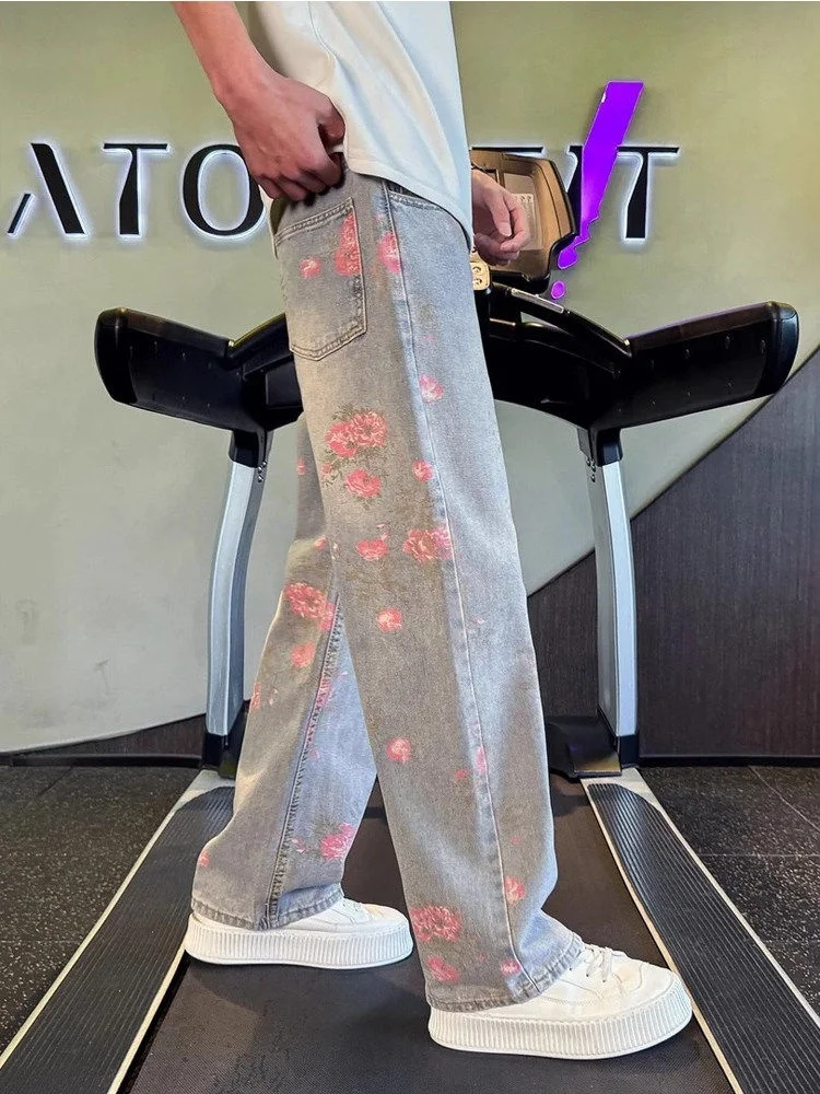Cleanfit Trendy Themed Jeans Men's Washed Spring Straight Leg Micro Flared Long Pants Thistle Print Design Sense Casual Jeans