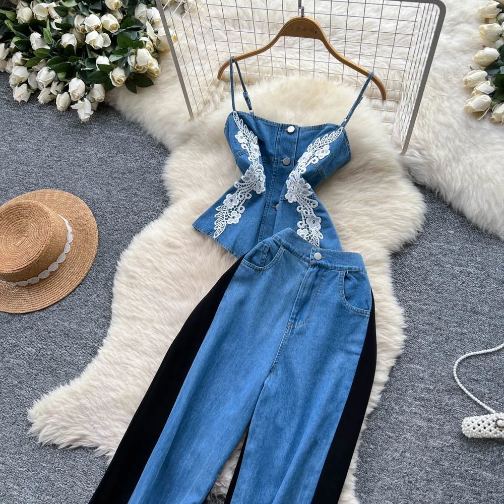 ジーンズスーツ レディース デニム ツーピースセット レーススリングトップ キャミソール ワイドレッグパンツ パッチワークボタン トラウザーズ アウトフィット サマーアンサンブル