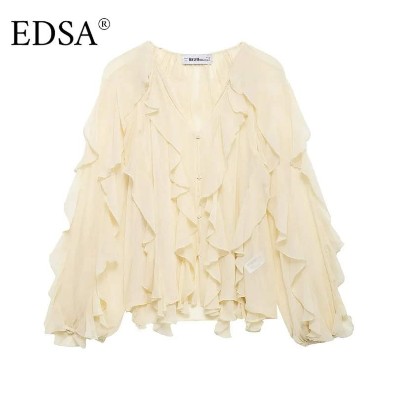 EDSA 女性半薄手のフリルシャツ V ネック長袖ブラウスボタンアップフロントファッション女性トップ