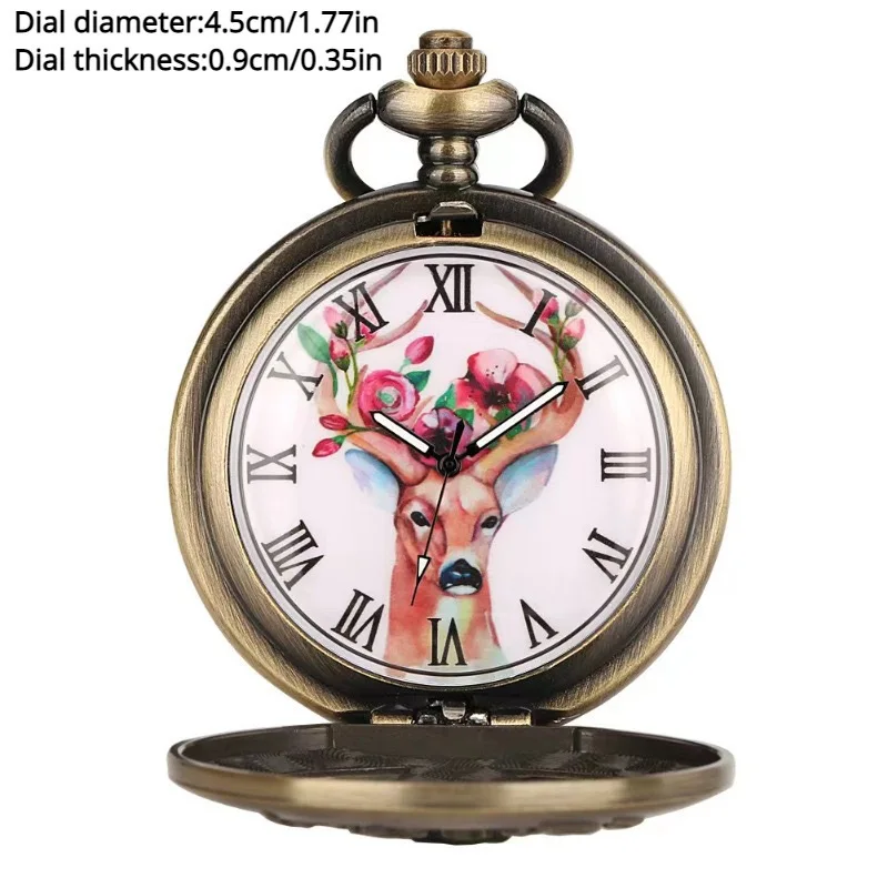 10pcs/lot Half Hunter Elk Head Roman Numerals Bronze Men's Quartz Pocket Watch Trendy Retro Women's Necklace Pendant Watches
