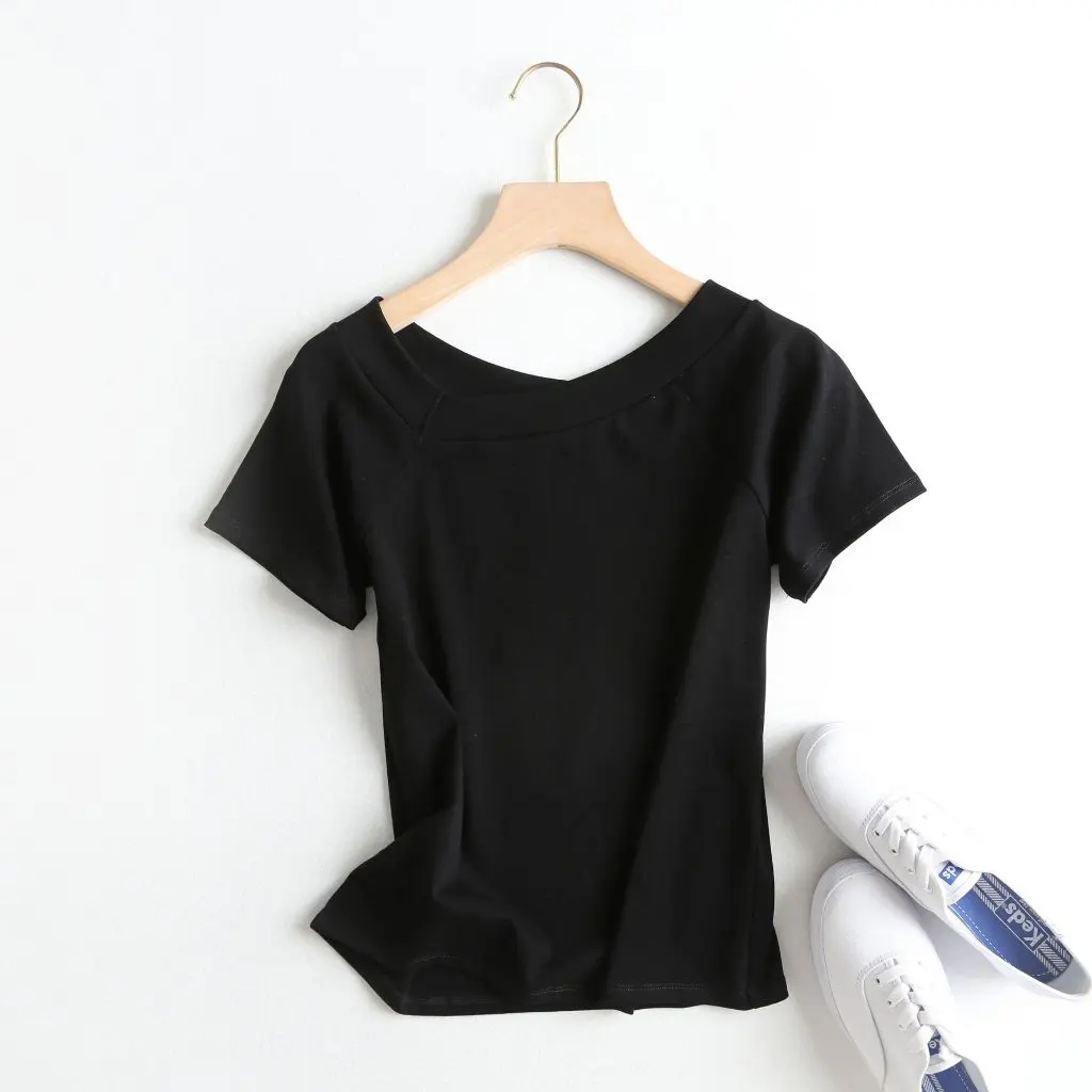 

Summer New Women's Casual Style Solid Color Oblique Collar T-Shirt Top 32DING-D067