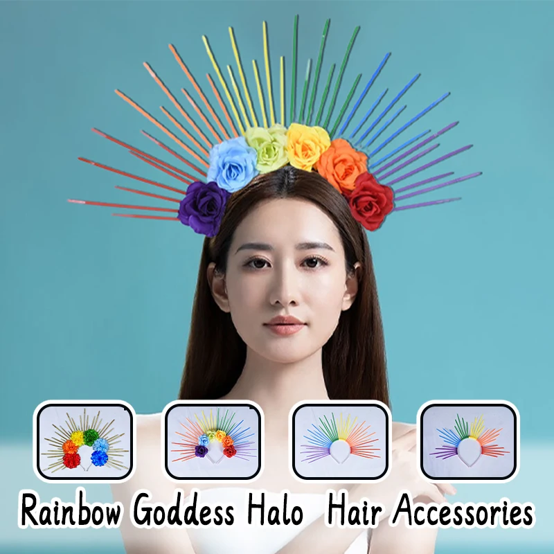 Lolita Tiara Crown Rainbow Hairband Vintage Halo Crown DIY Fairy Sun Goddess Baroque Style Tiara Finished Cosplay Hair Hoop