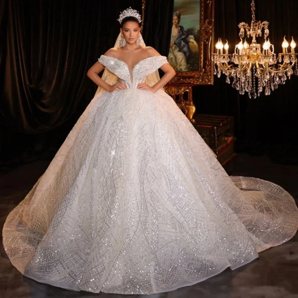 

Luxury Off Shoulder Sparkling Bridal Ball Dress Tulle bead embroidery Beads A-line Princess Bridal Dress Customization