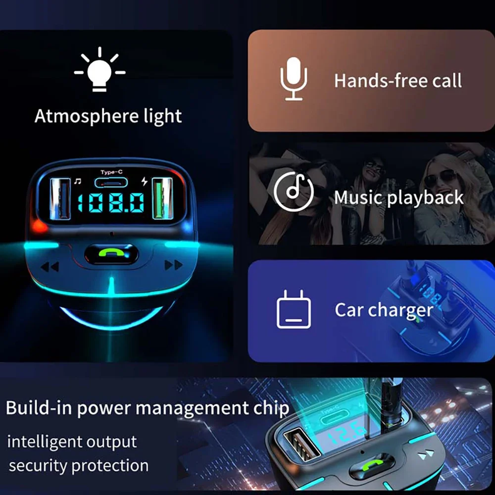Super Sound Bluetooth Car MP3 Player FM Transmitter Dual USB Fast Charging PD Type-C USB One-Key Car Hands-Free Calling kit