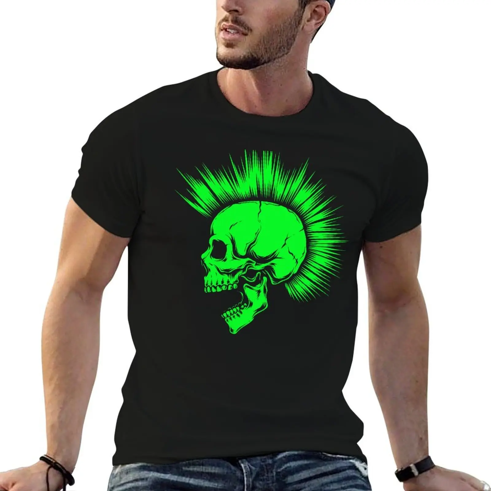 Fluo Green Punk Skull with Mohawk T-Shirt luxury designer customizeds plain t shirts men
