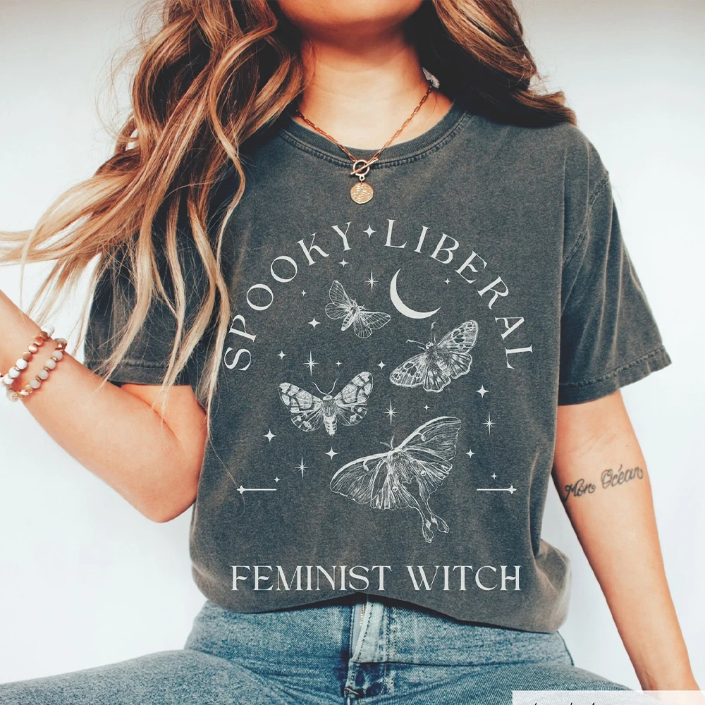 Comfort Spooky Liberal Feminist Witch Shirt Celestial Whimsigoth Moth Lover Progressive Witch Tee Unisex Y2K Loose Funny Shirt