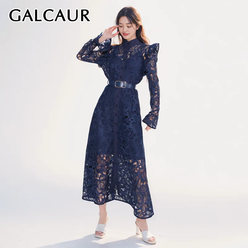 

GALCAUR Solid Patchwork Belt Dresses For Women Stand Collar Flare Sleeve High Waist Hollow Out Embroidery Dress Female New 2024