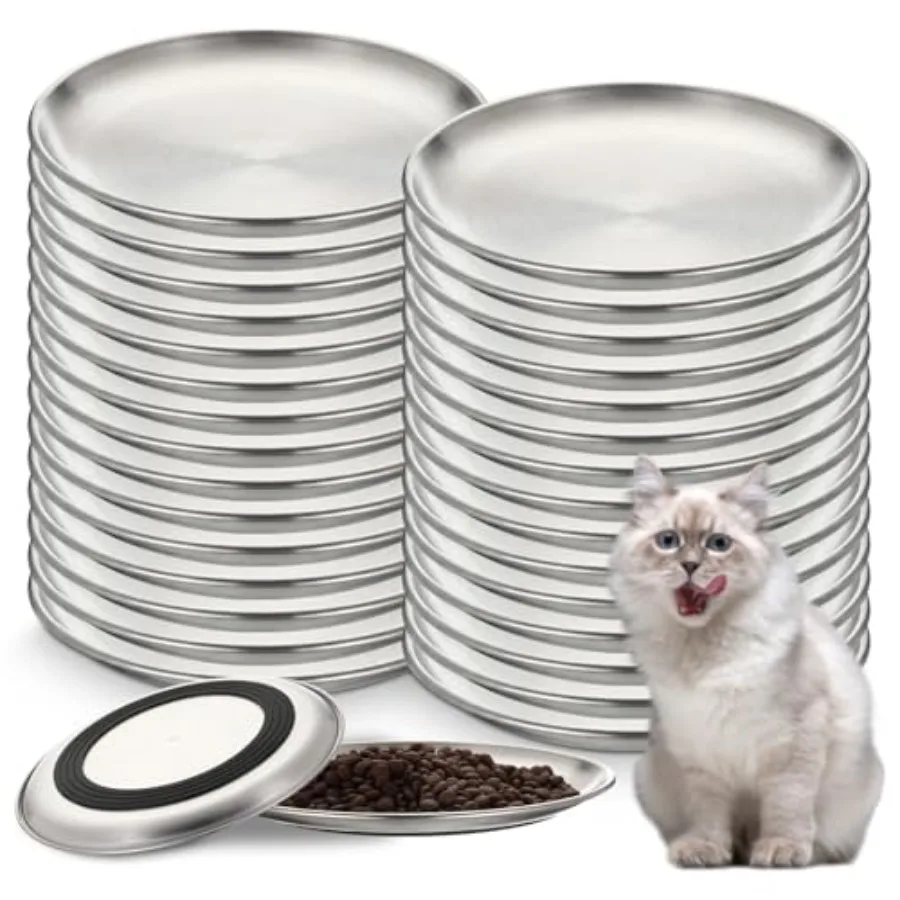 

30 Pcs Stainless Steel Cat Bowls 13 oz for Wet/Dry Food, Non-Slip Silicone Bottom, Silver, Durable Easy-Clean Flat Pet Dish