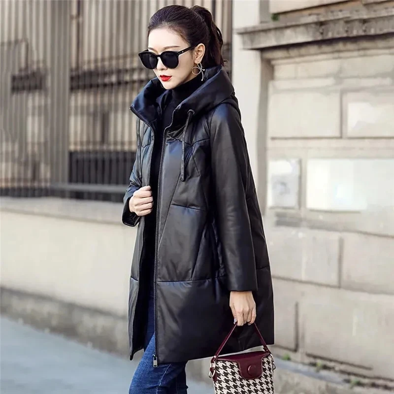 Black Loose Long Coat Windproof Female Cotton Overcoat Thicken Snow Parkas Winter Women Warm Hooded PU Leather Jacket M-5XL