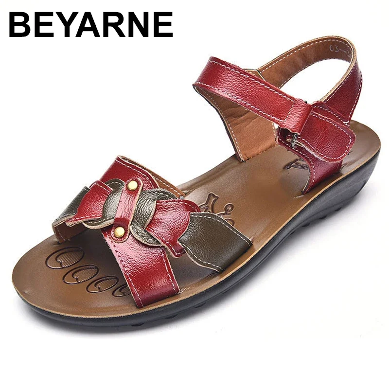 BEYARNE Casual Genuine Leather Sandals Women Wedge Sandals Platform Summer Shoes Ladies Sandalias Beach Shoes Chaussures Femme