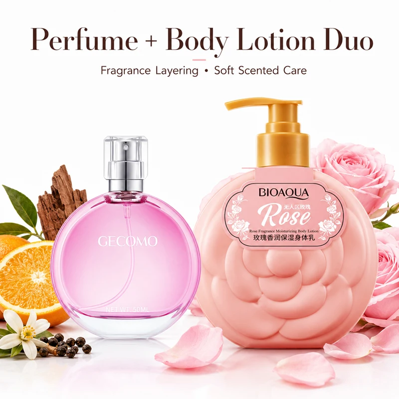 

GECOMO Women's Perfume Set 50ml + Rose Body Lotion, Fragrance Layering Duo, Long Lasting Floral Scent, Body Care Gift,Smell + Sm