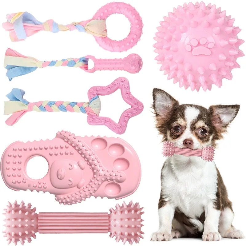 Soft Dog Chew Toys Pink Rubber Bone Toy Durable Molars Training Ball Toy Chihuahua Yorkie Interactive Treat Toys Pet Supplies