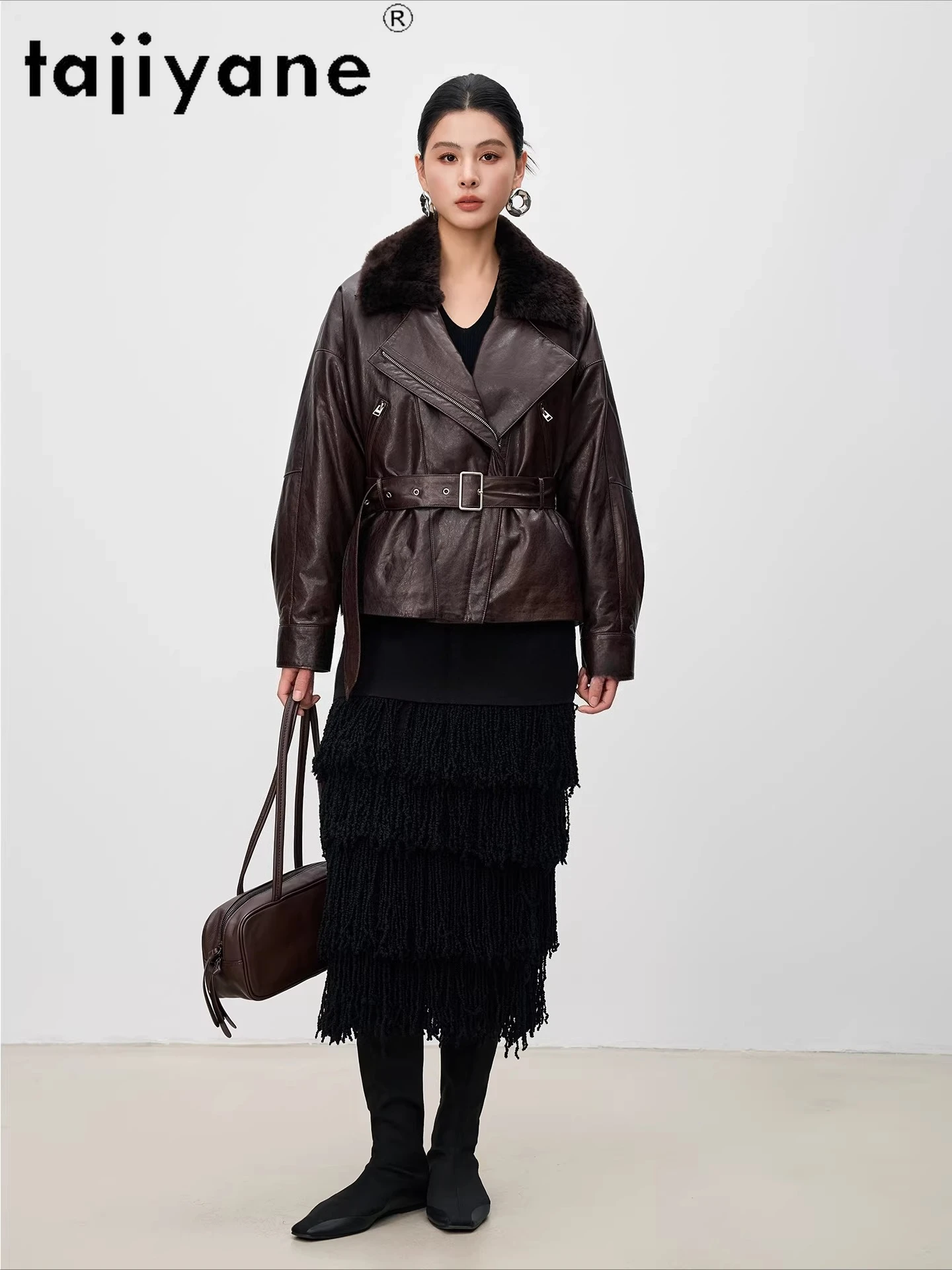 TAJIYANE Cappotto in piuma d'oca di pelle di pecora Donna Colletto in lana Piumini Giacca corta in vera pelle con cintura 2025 Abiti invernali шу sì