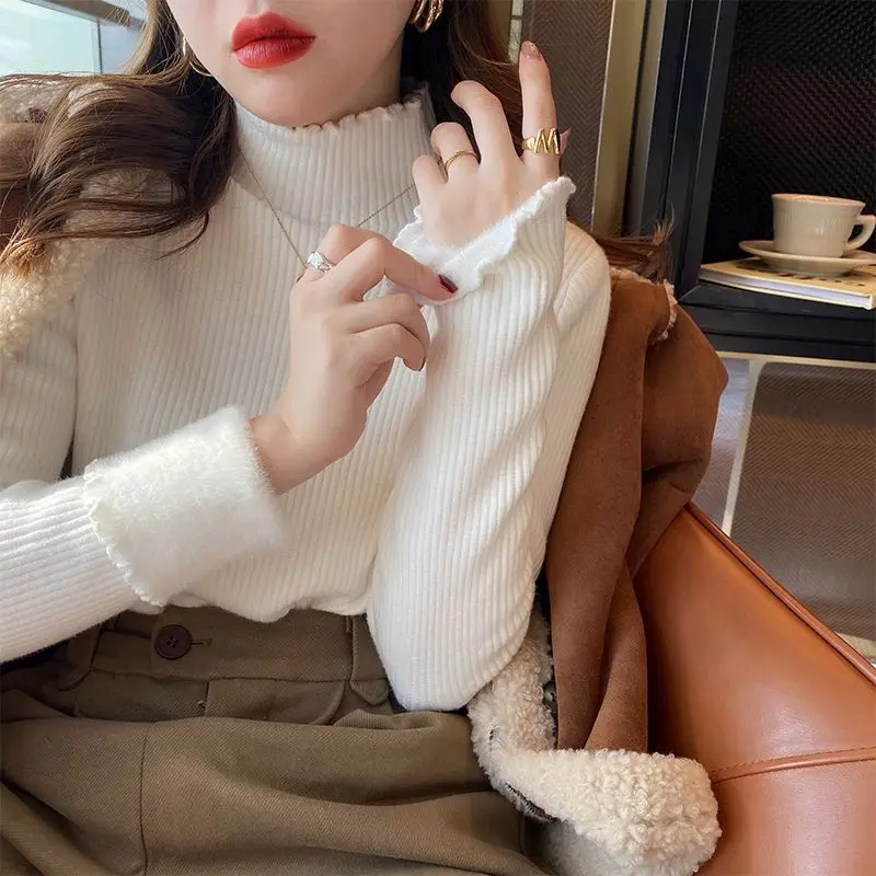 Half High Neck Undershirt for Women New Collection for Autumn and Winter 2024 with Plush and Thickened Sweater Knitted Sweater