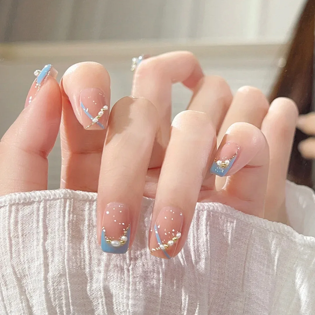 New Nail Enhancement Minimalist ins Light Blue Korean Pearl Women Wearing Nail Patch Finished Patch Nail Patch