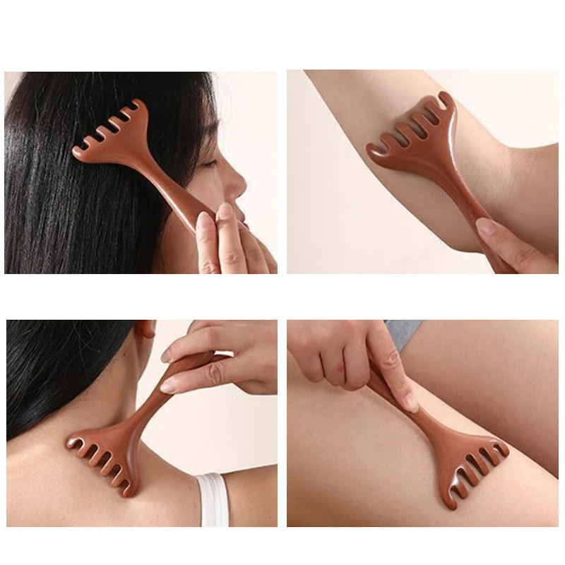 Natural Golden Sandalwood Five-Claw Scalp Massager Gua Sha Tool Back Scratcher Spa Handheld Meridian Massage Comb Hair Care