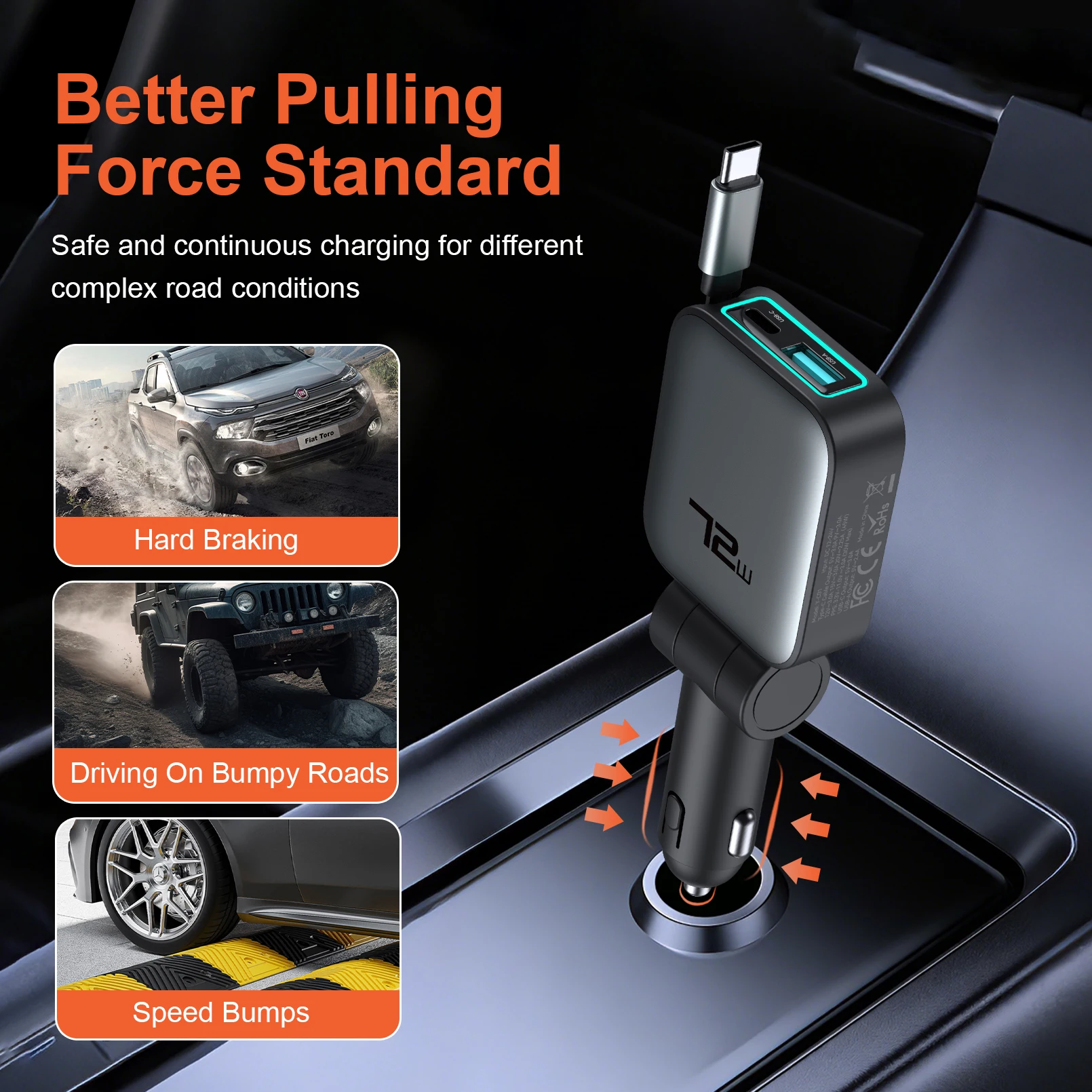 Car Charger Super Fast Charging One-to-Two Retractable Cable Car Cigarette Lighter Converter Compatible with Apple 17 and Huawei view 5