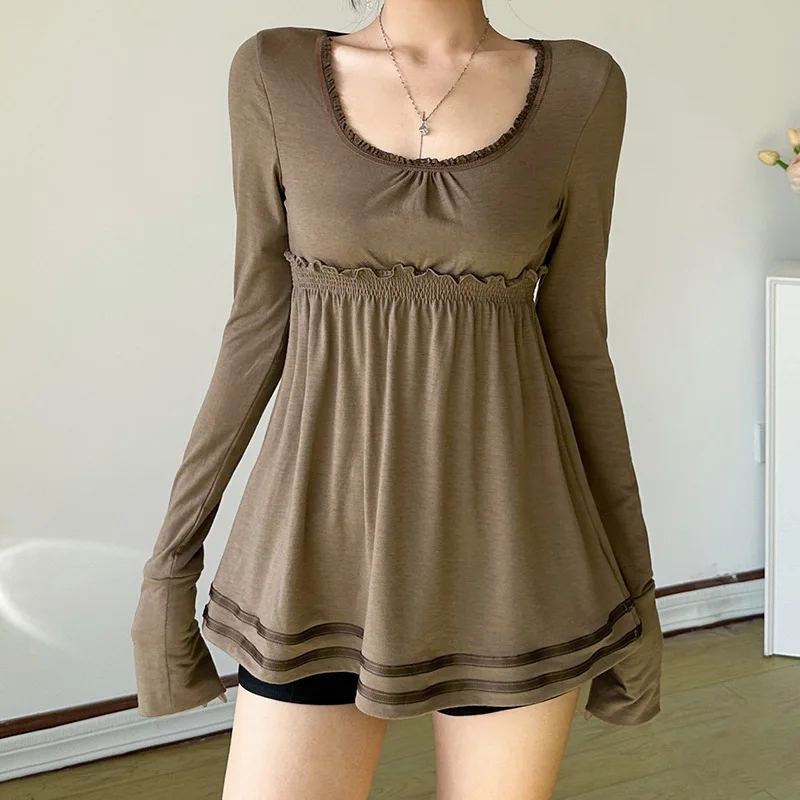 Solid Color Square Neck Doll Shirt With Lace Border Loose A-List Top For Girls' Casual And Versatile T-Shirt Design