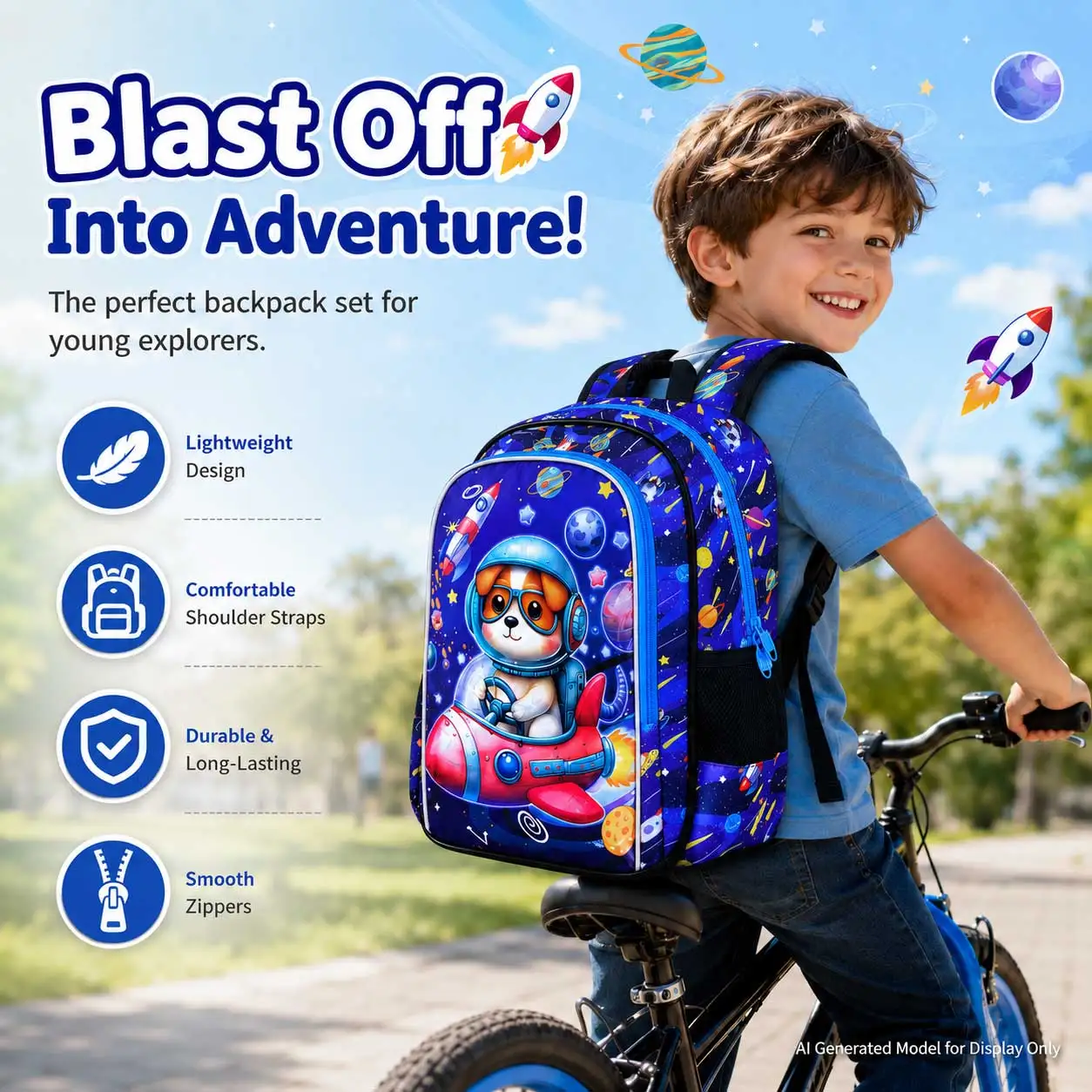 3Pcs Boys 16" Galaxy Space Puppy Rocket Backpack Set Kids School Bag with Handbag Pencil Pouch for Elementary Little Boys