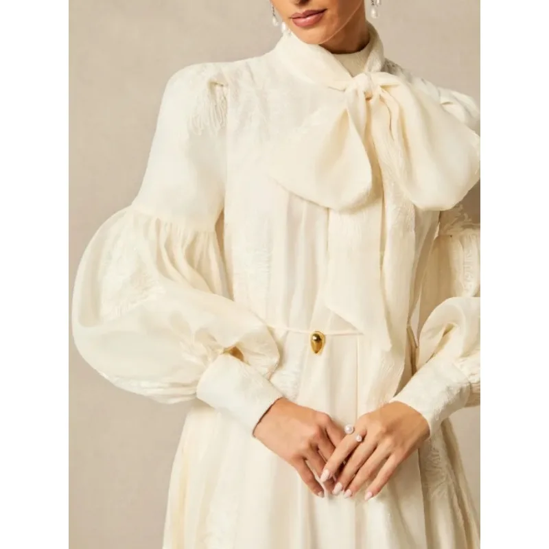 Tilaa المشمش حفل زفاف ماكس فساتين النساء 2026 ربيع الخريف القوس الرقبة نفخة الأكمام المطرزة فستان أنيق الإناث 196138 #4