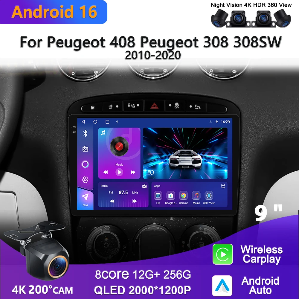 Radio Android Auto para Peugeot 408 Peugeot 308 308SW 2007-2015 Carplay Estéreo Reproductor Multimedia para Auto GPS Navegación para Auto DVD WIFI