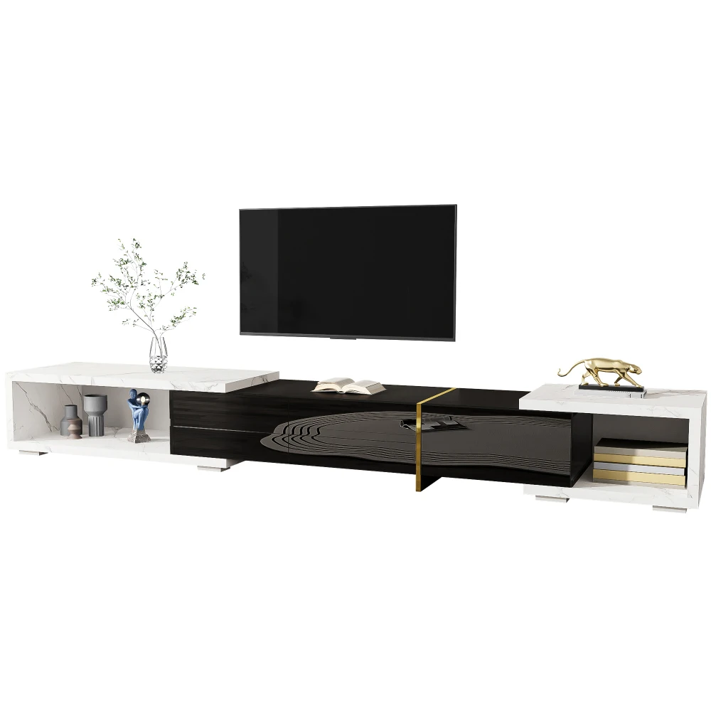 Moderner TV-Schrank mit variabler Länge (140–260 cm), drehbarer Funktion, weißes Hochglanz-Matt-Finish und goldenen Dekorationen – Detail 26