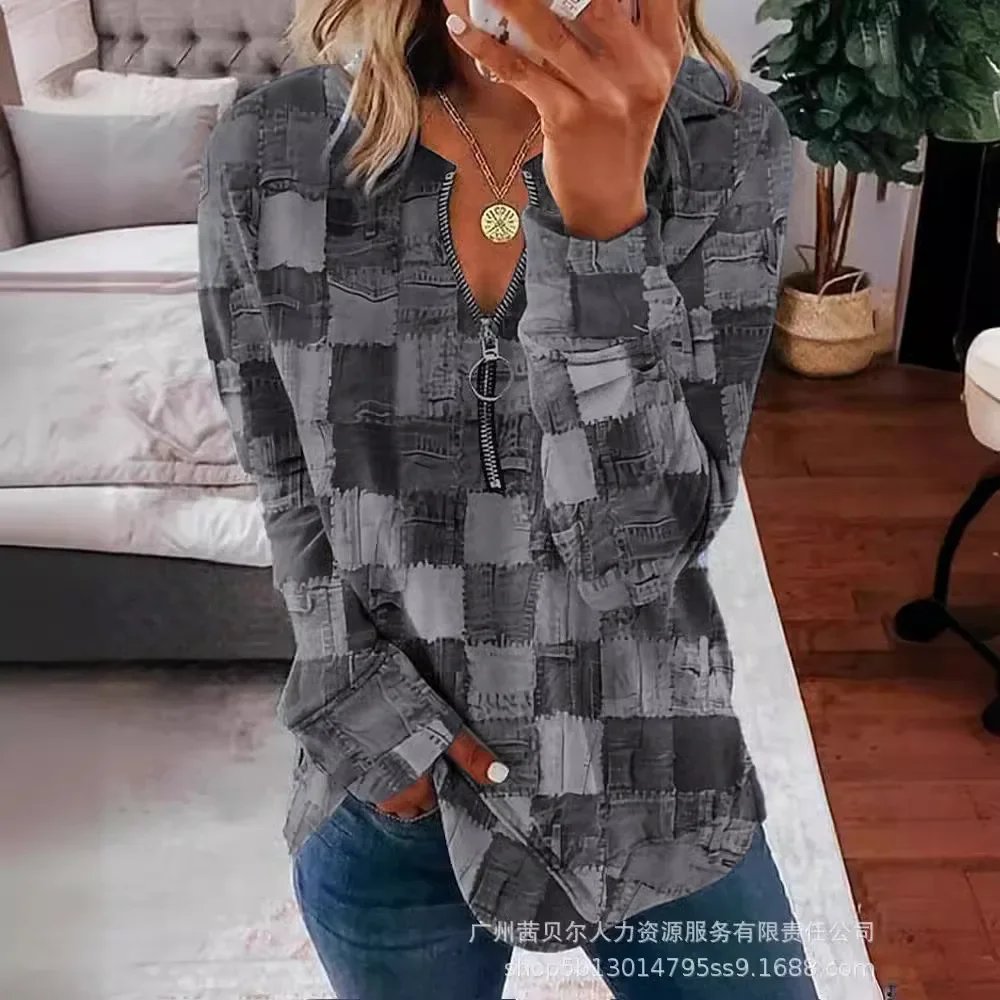 Women Autumn Winter Pullover Blouse Zippers Plaid Color V Neck Long Sleeve Casual Fashion Comfortable Regular Standard Fit Shirt