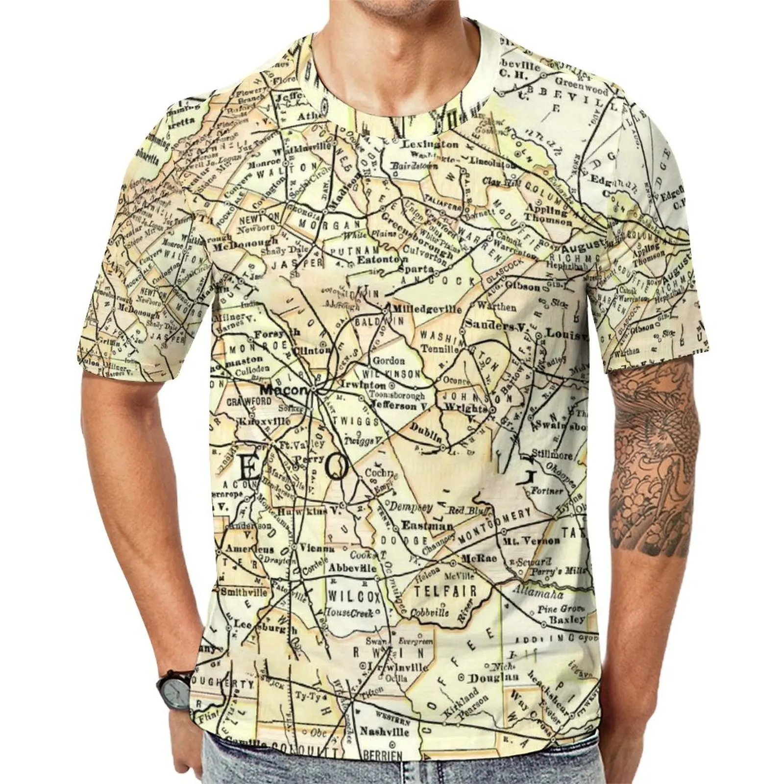 Georgia Antique Map T Shirt Travel State Novelty T Shirts Man Classic Tshirt Beach Short-Sleeve Custom Tops Plus Size 6XL