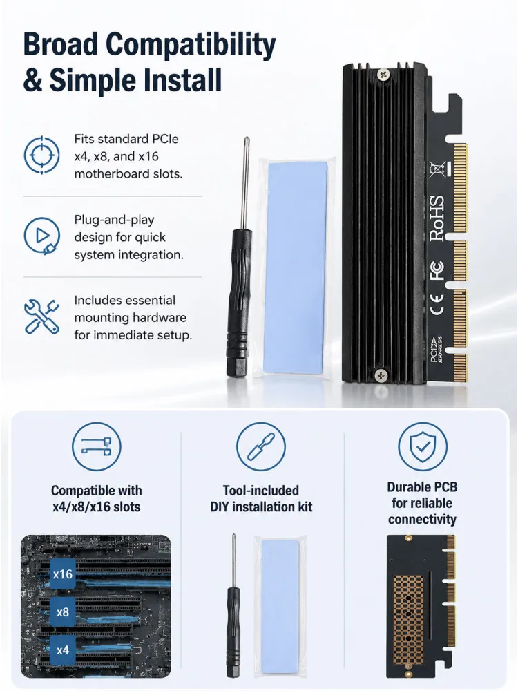 NVMe Adapter M.2 PCIe SSD zu PCI-e X4/x8/x16 Konverterkarte mit Kühlkörper für M.2 (M Key) NVMe SSD 2280/2260/2242/2230 – Detail 1