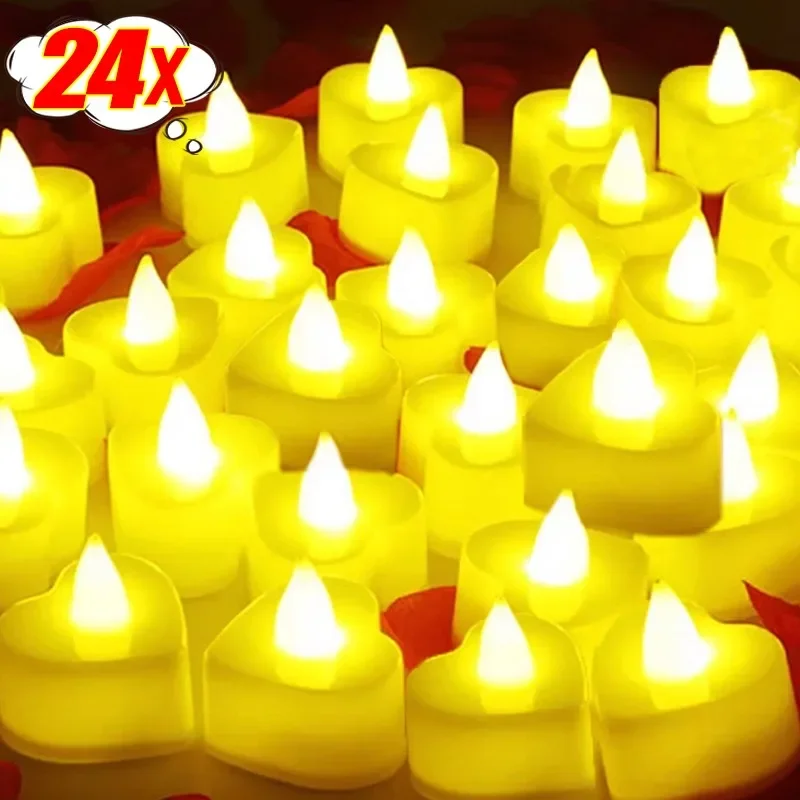 24/1Pcs LED Candle Battery Operated Table Decor Lamps Flameless Heart Shaped Tealight Christmas Wedding Decoration Night Lamps