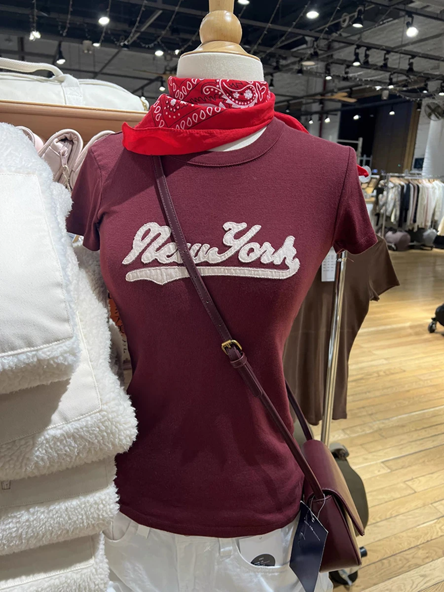 

Новые женские летние хлопковые футболки с вышивкой, облегающие, с круглым вырезом, коротким рукавом, винтажные, милые, в стиле Y2K, уличная мода, укороченный топ