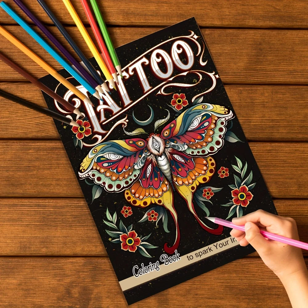 [Mindfulness Malbuch für Erwachsene] Verbessertes 34-seitiges Malbuch für Erwachsene – 8. 3X 11. 7 Zoll, Achtsamkeit-Malaktivitäten, farbenfrohe Tattoo-Designs, Papier – perfekt als Geschenk für Geburtstage, Halloween, Thanksgiving, Weihnachten, Muttertag, Valentinstag