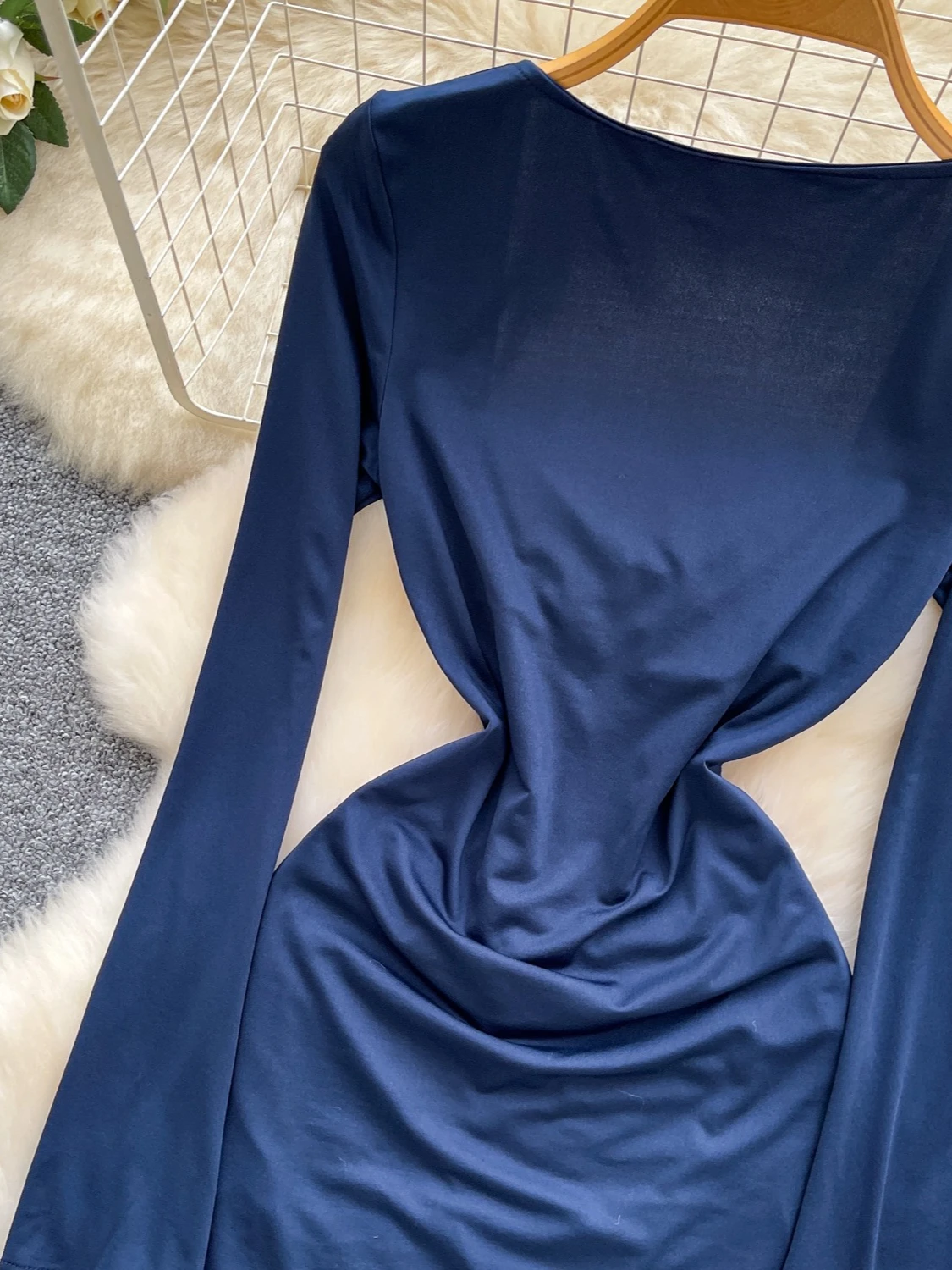 Foamlina Solid Metal Buckle Square Neck Long Sleeve Mini Dress Women Fashion Cut Out Draped Slim Bodycon Sexy Midnight Clubwear