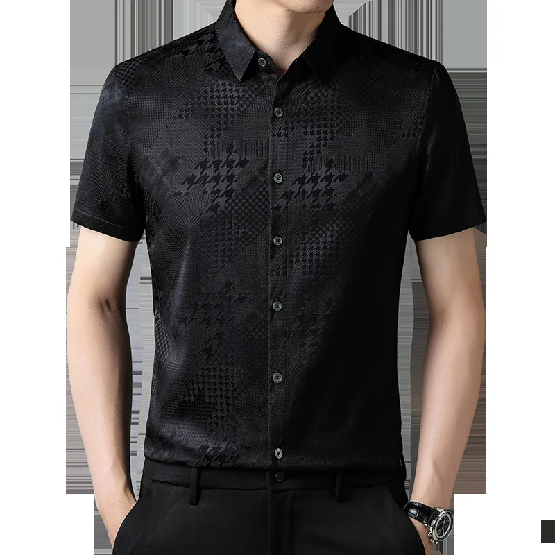 

High Quality Real Silk Summer Thin Short Sleeve Men's New Shirt Solid Color Printing Satin Jacket